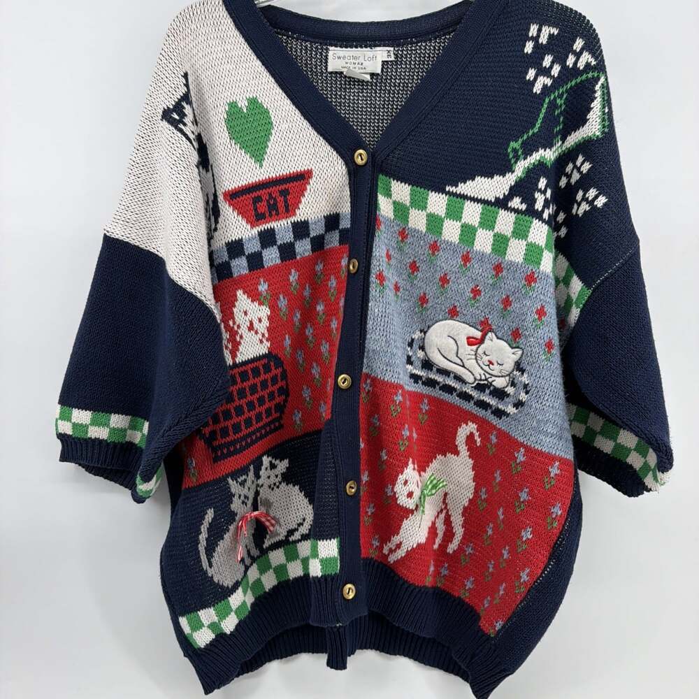 Sweater Loft Cat Cardigan Vintage Size 3X Teacher School USA Fun Blue Red